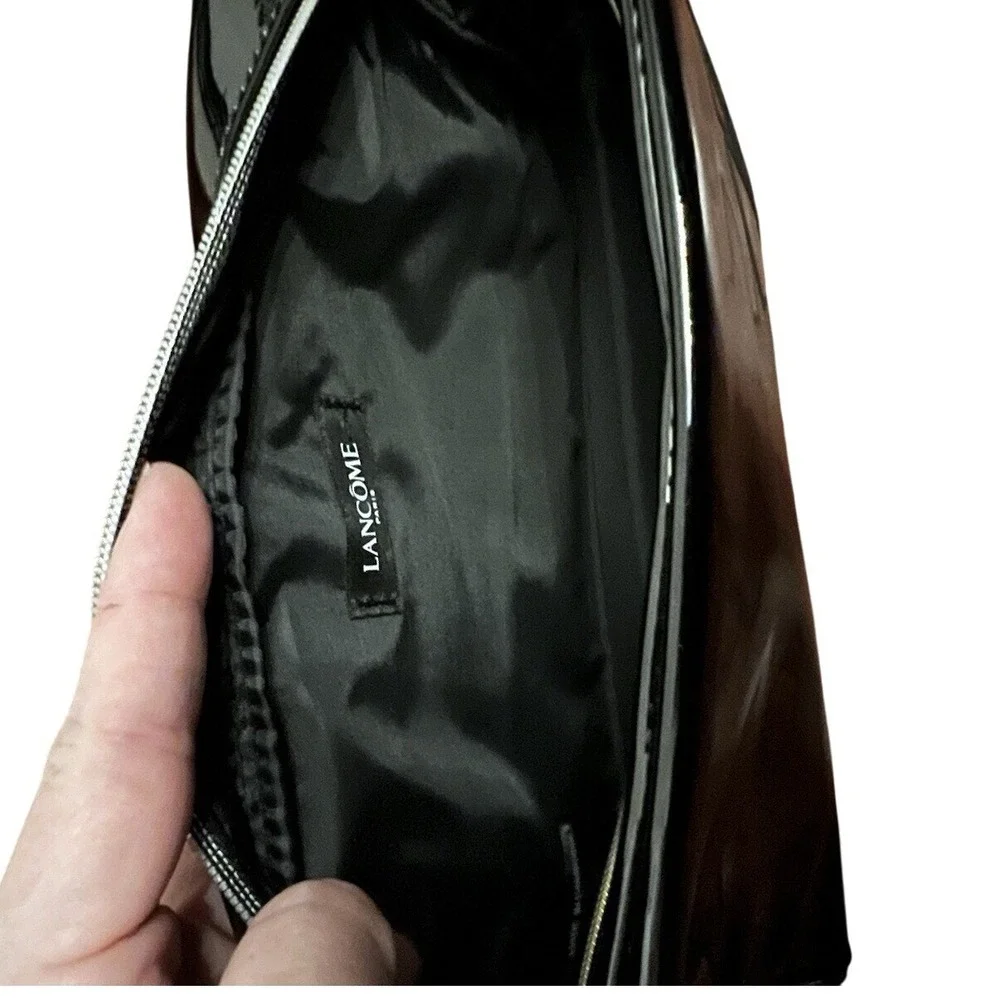 Lancome Black Faux Leather Makeup Bag Rose Design Toiletry Pouch Travel Case Zip